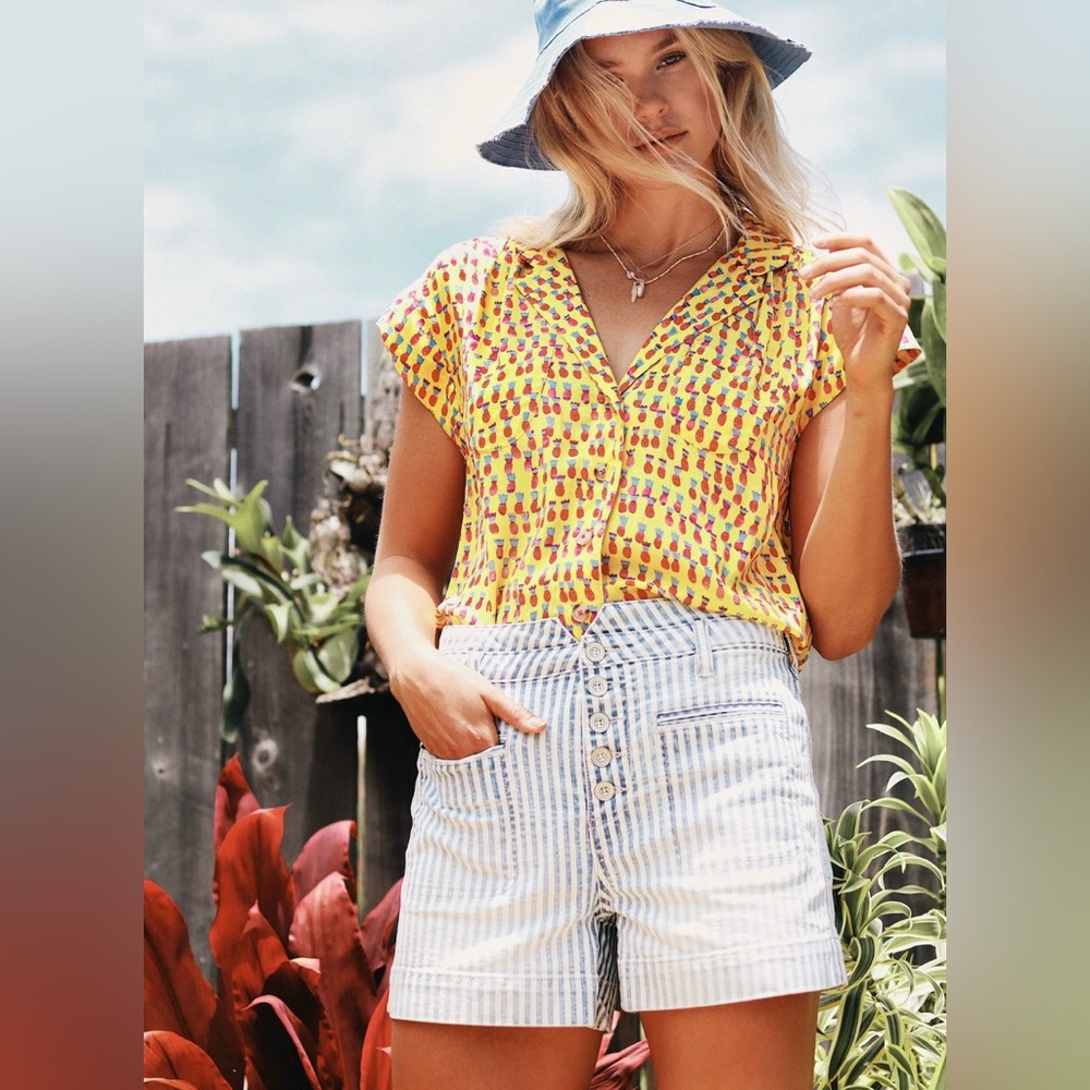 Pilcro Blue and White Striped High-Waist Button-Front Jean Shorts